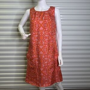 Talbots Pure Silk Wmn 12 Orange Retro Pattern Sheath Sleeveless Dress w/ Pockets